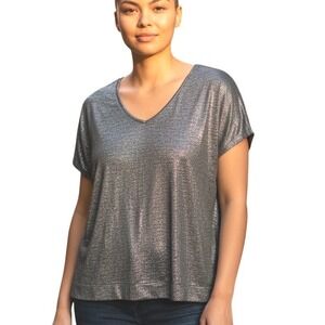 Eileen Fisher Metallic Silver Top V-Neck Short Sleeve Relaxed Fit